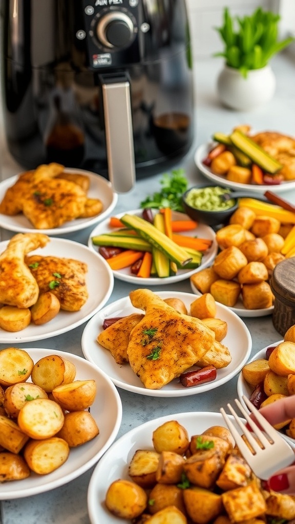 A variety of air fryer meals including chicken, vegetables, and potatoes, arranged on a plate in a modern kitchen.